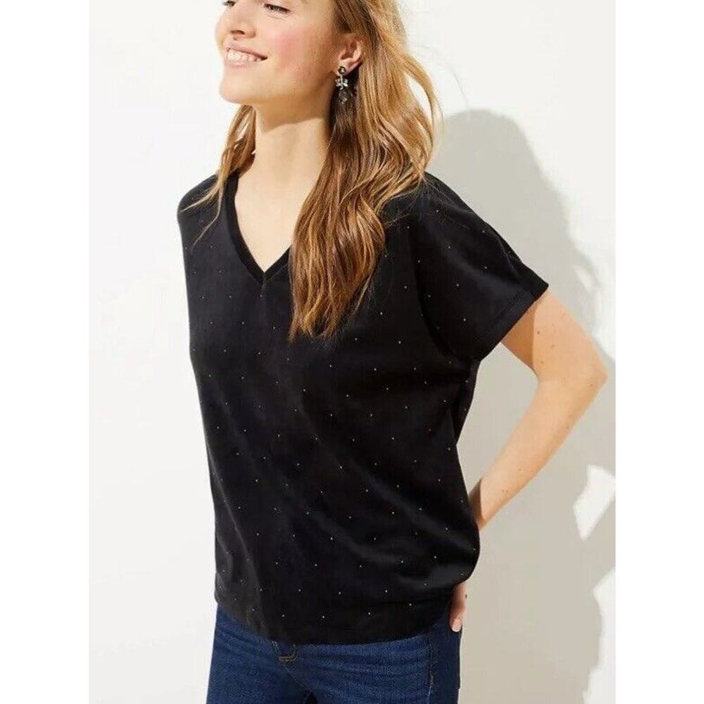 New Loft Womans Large Blouse Shirt Stud Velvet Short‎ Sleeve Black Stretch NWT